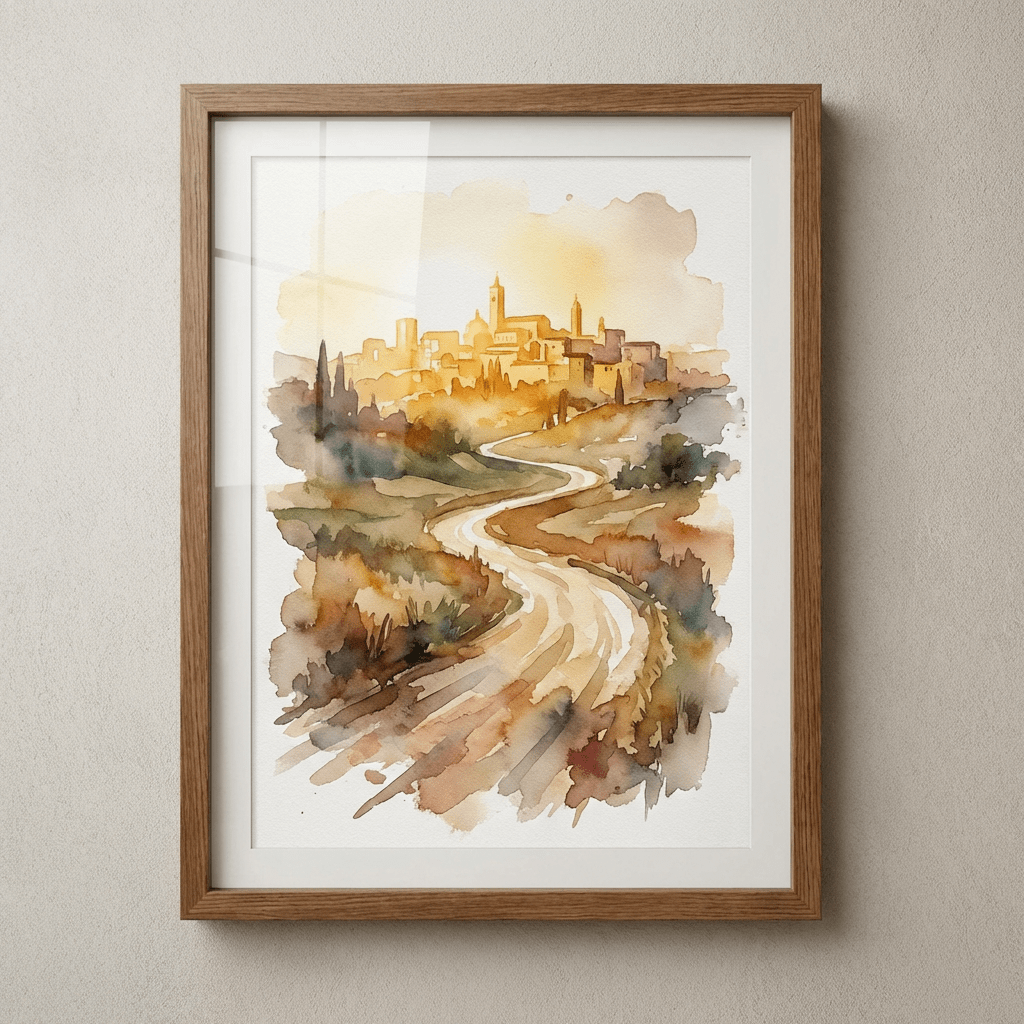Watercolor painting of a winding road leading to a hilltop village in warm golden tones.