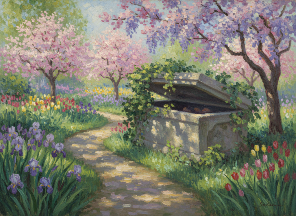 A stone well surrounded by blooming tulips, irises, and flowering trees along a sunlit garden path