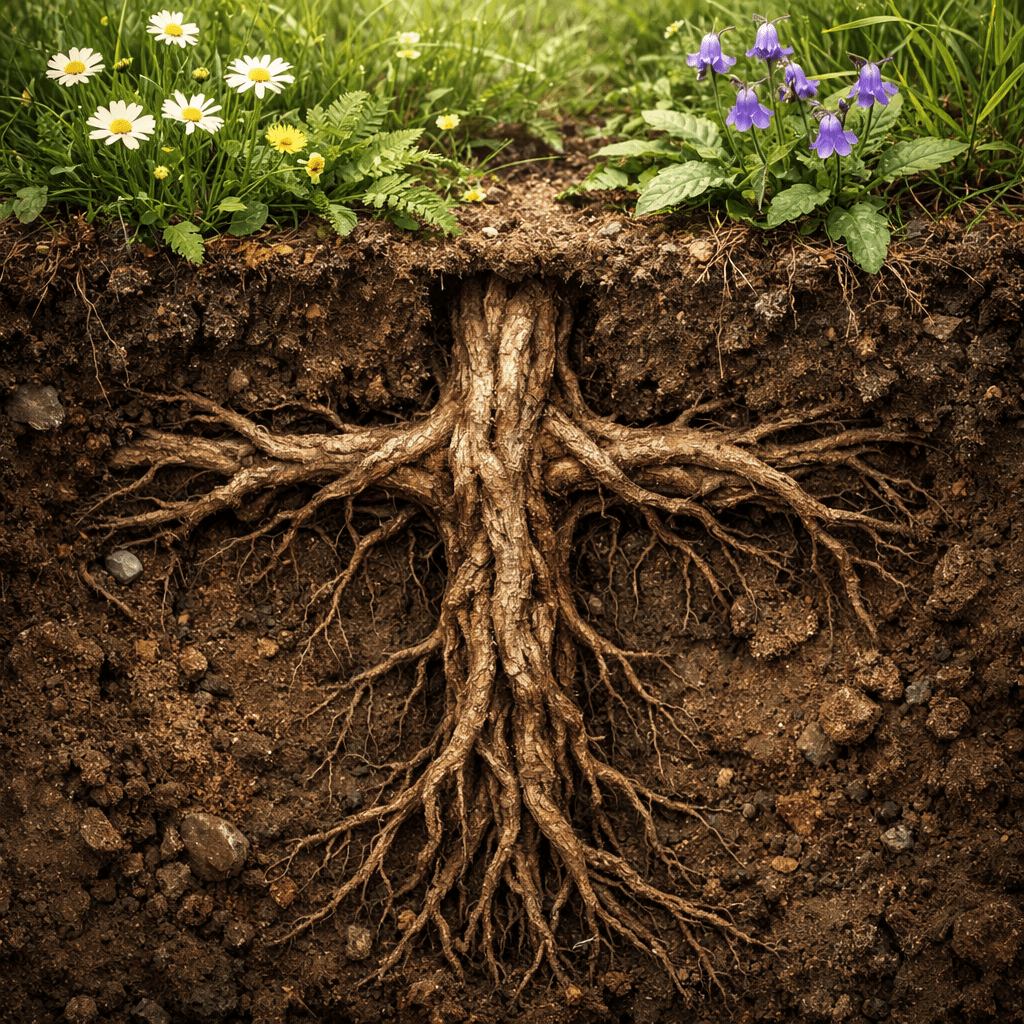 Tree root system spreading through soil beneath green plants with white and purple flowers