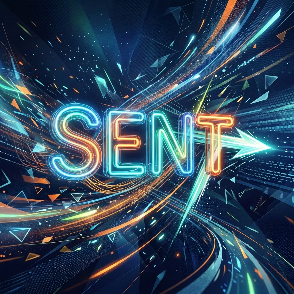 'SENT' word in neon lights with dynamic, colorful digital streaks and geometric shapes